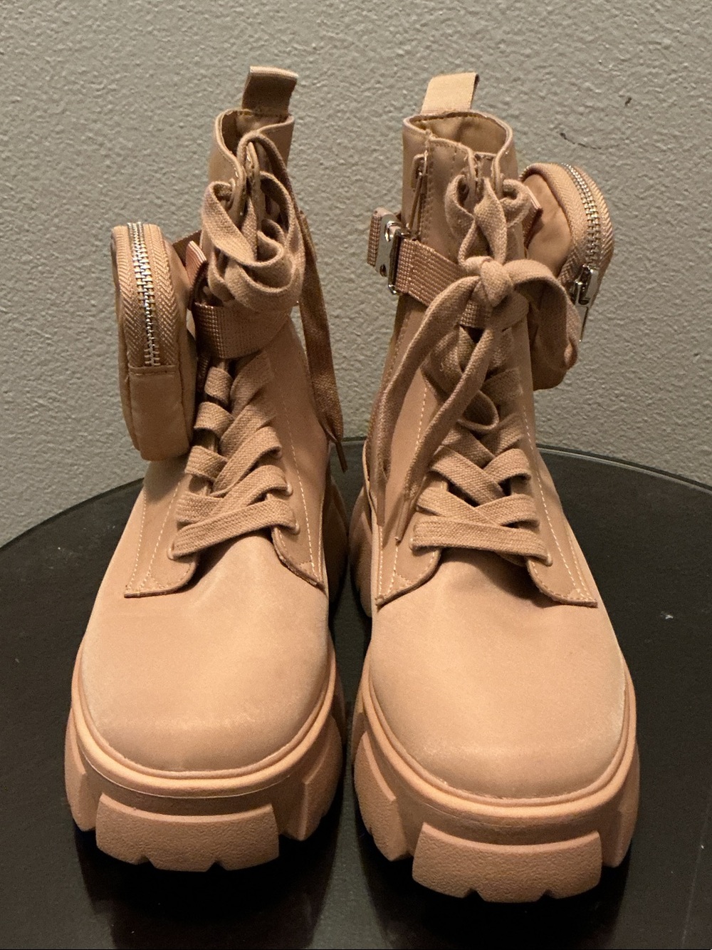 Steve Madden Tan Chunky Lace-Up Ankle Boots with Removable Pouch